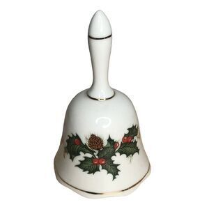 Vintage Porcelain Christmas Bell Holly Berries Pinecone Gold Trim Decor